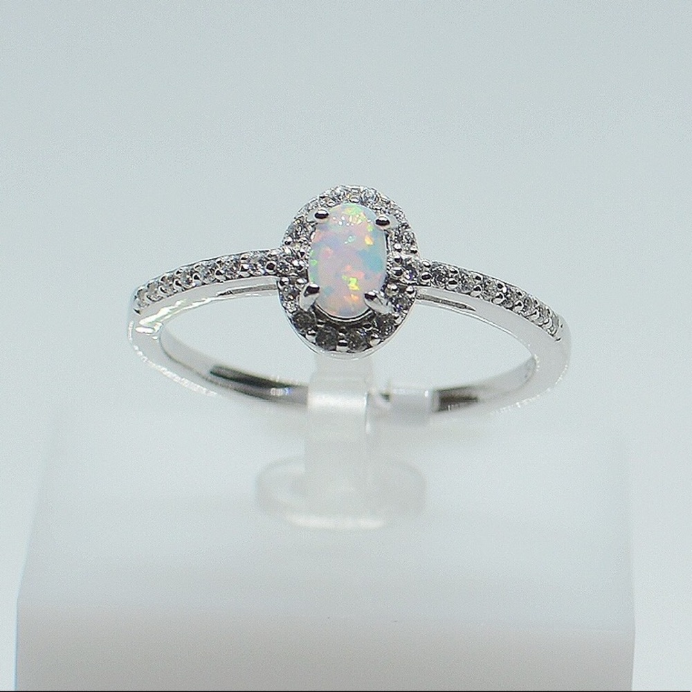 925 Sterling Silver White Opal Cubic Zirconia Ring